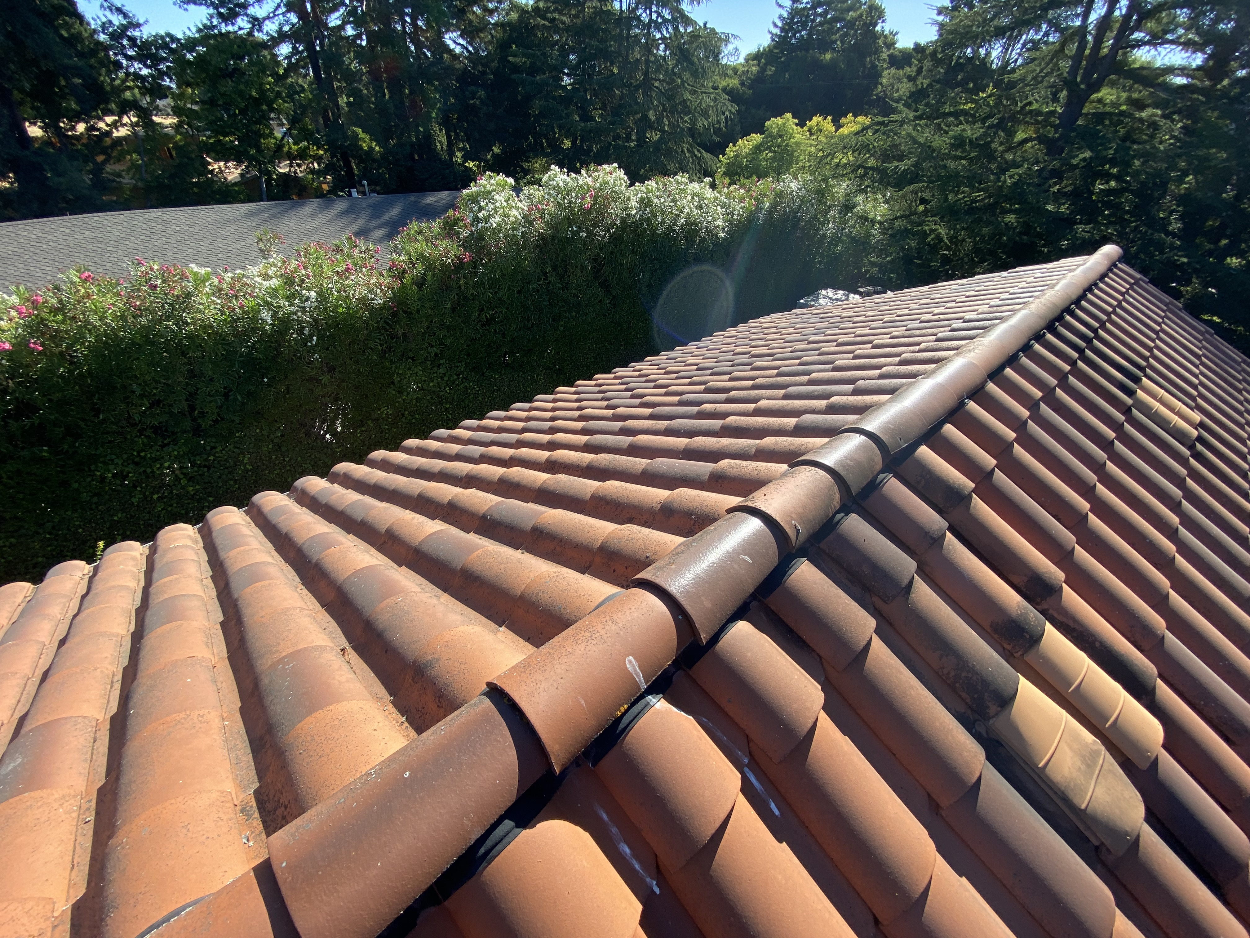 Before — Atherton Spanish tile roof valley with moss accumulation