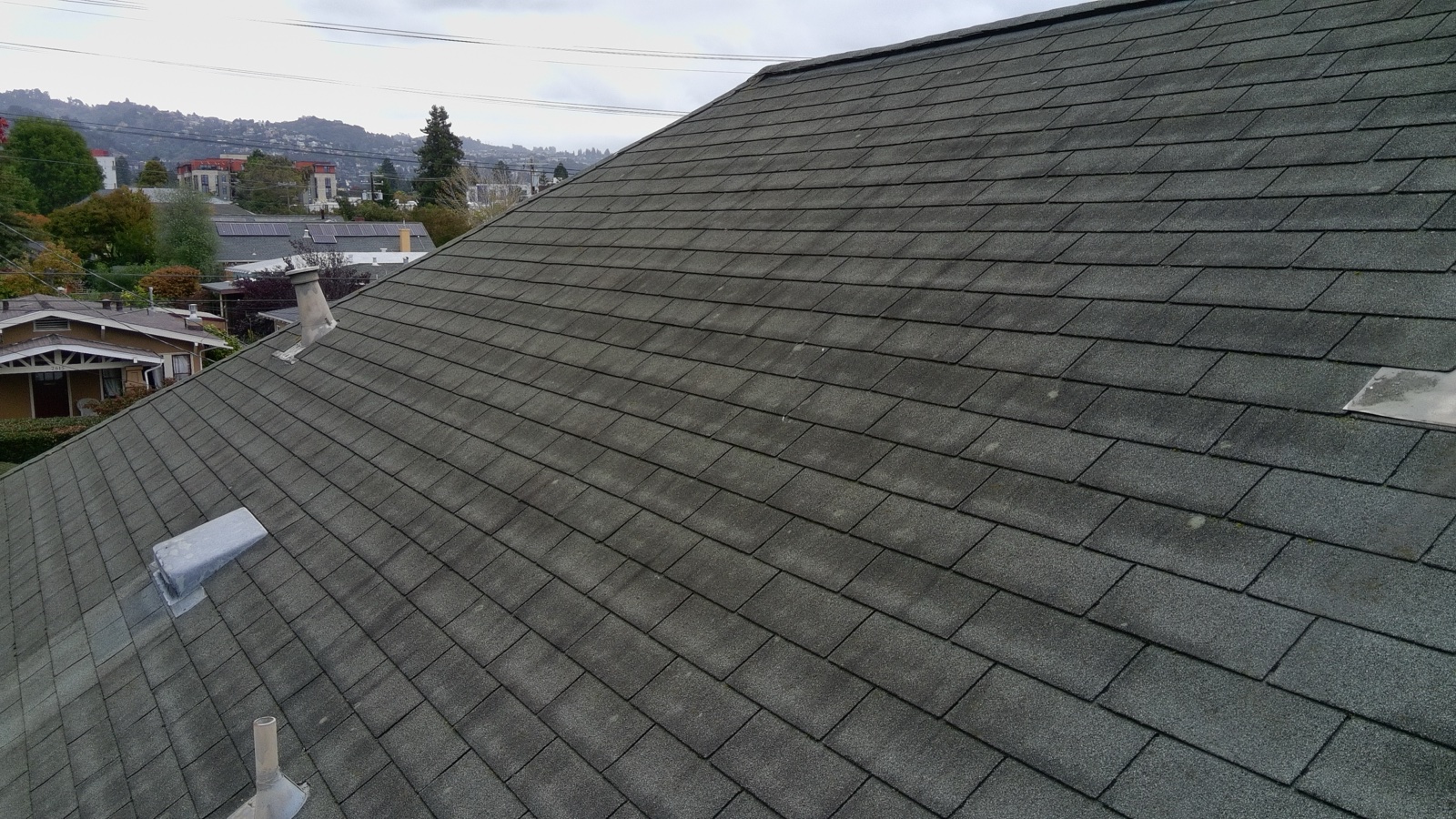 Before — wide roof-cam view of an algae-darkened Berkeley shingle roof with the Berkeley hills in the distance
