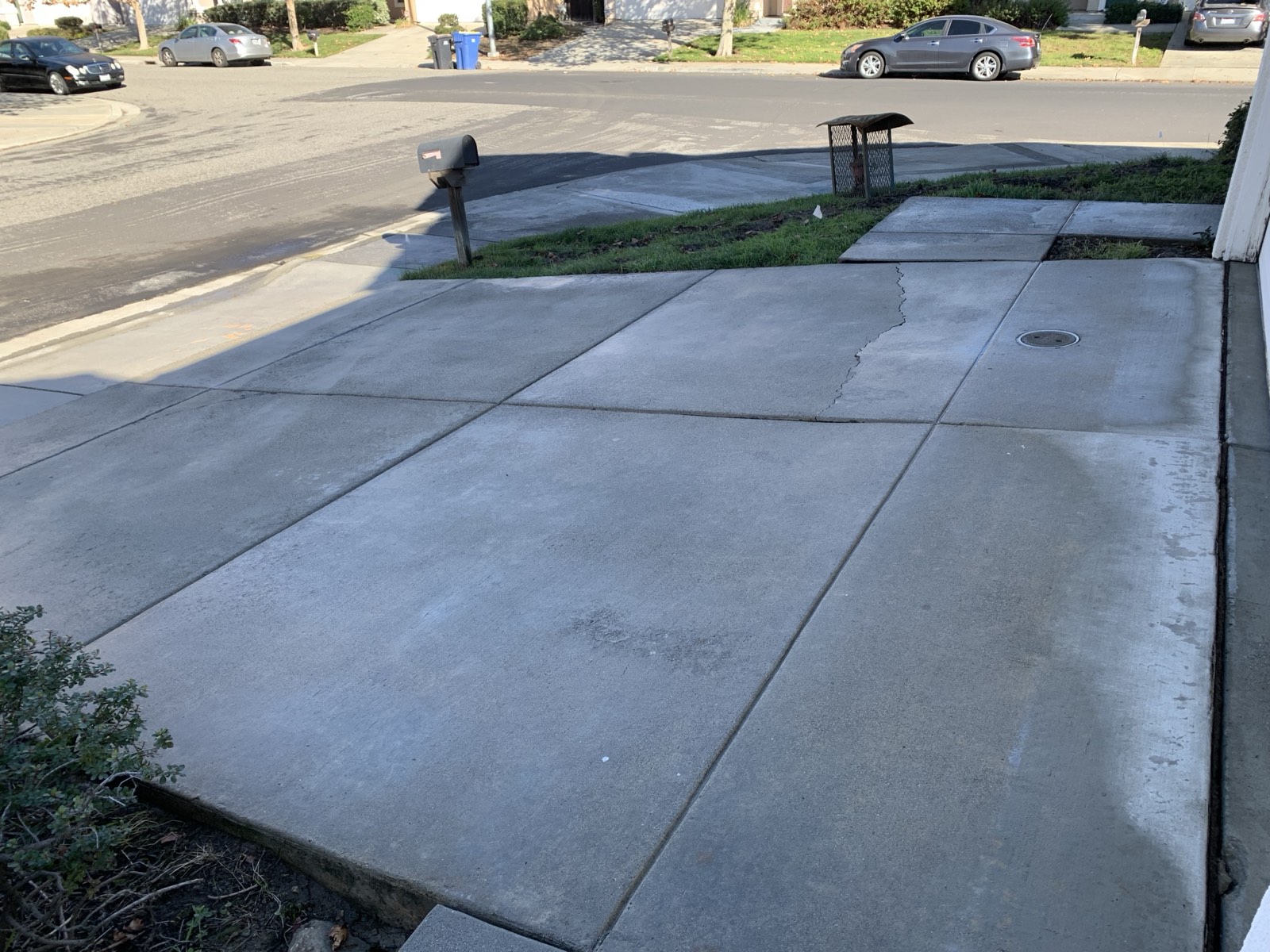 After — Fremont driveway cleaned to an even light gray finish, still drying, looking toward the street