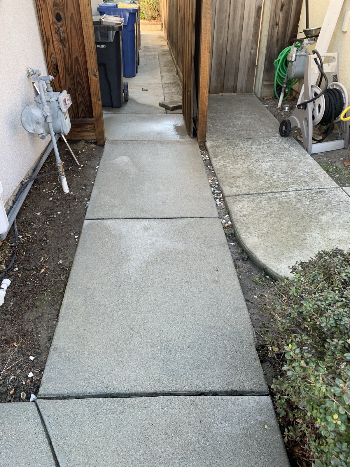 After — cleaned side-yard concrete path past the gas meter and trash bins at the Fremont home