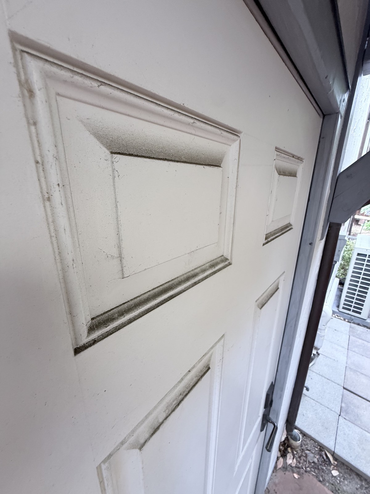 Before — white paneled side door in Los Gatos with dark grime settled into the panel moldings