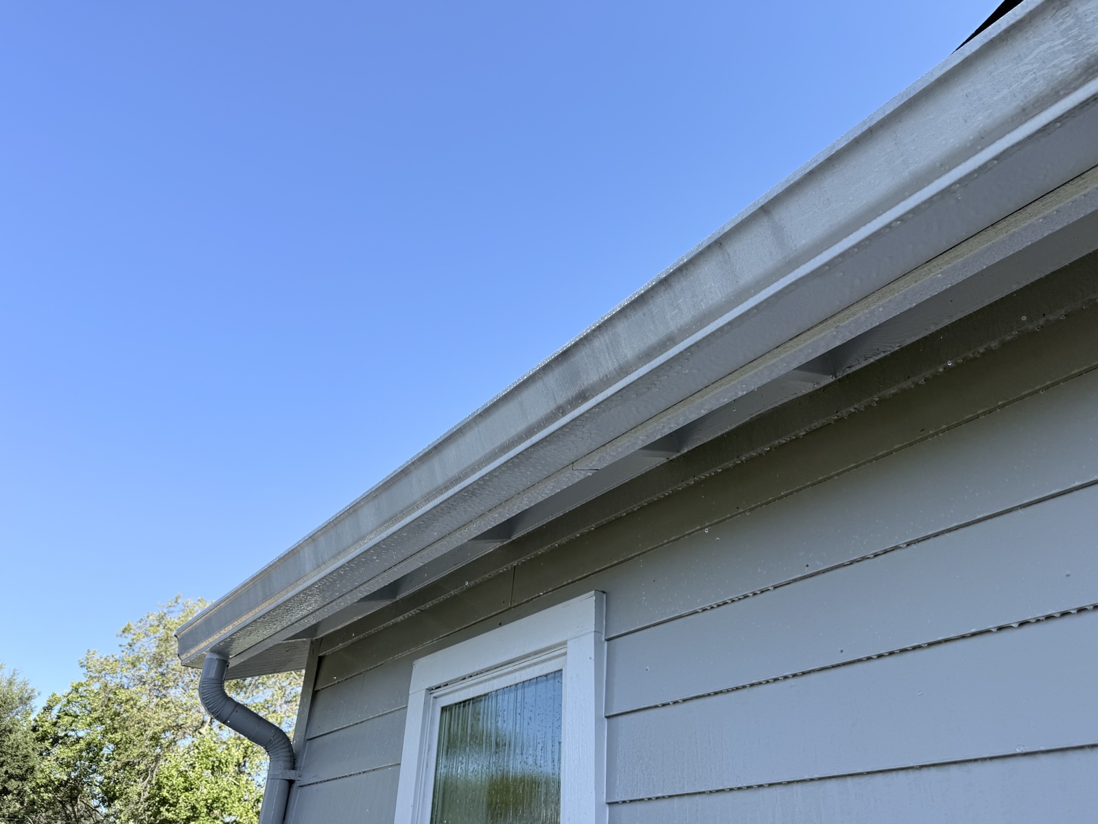 Before — Menlo Park gutter and fascia line with dull film and dirt along the eave before washing