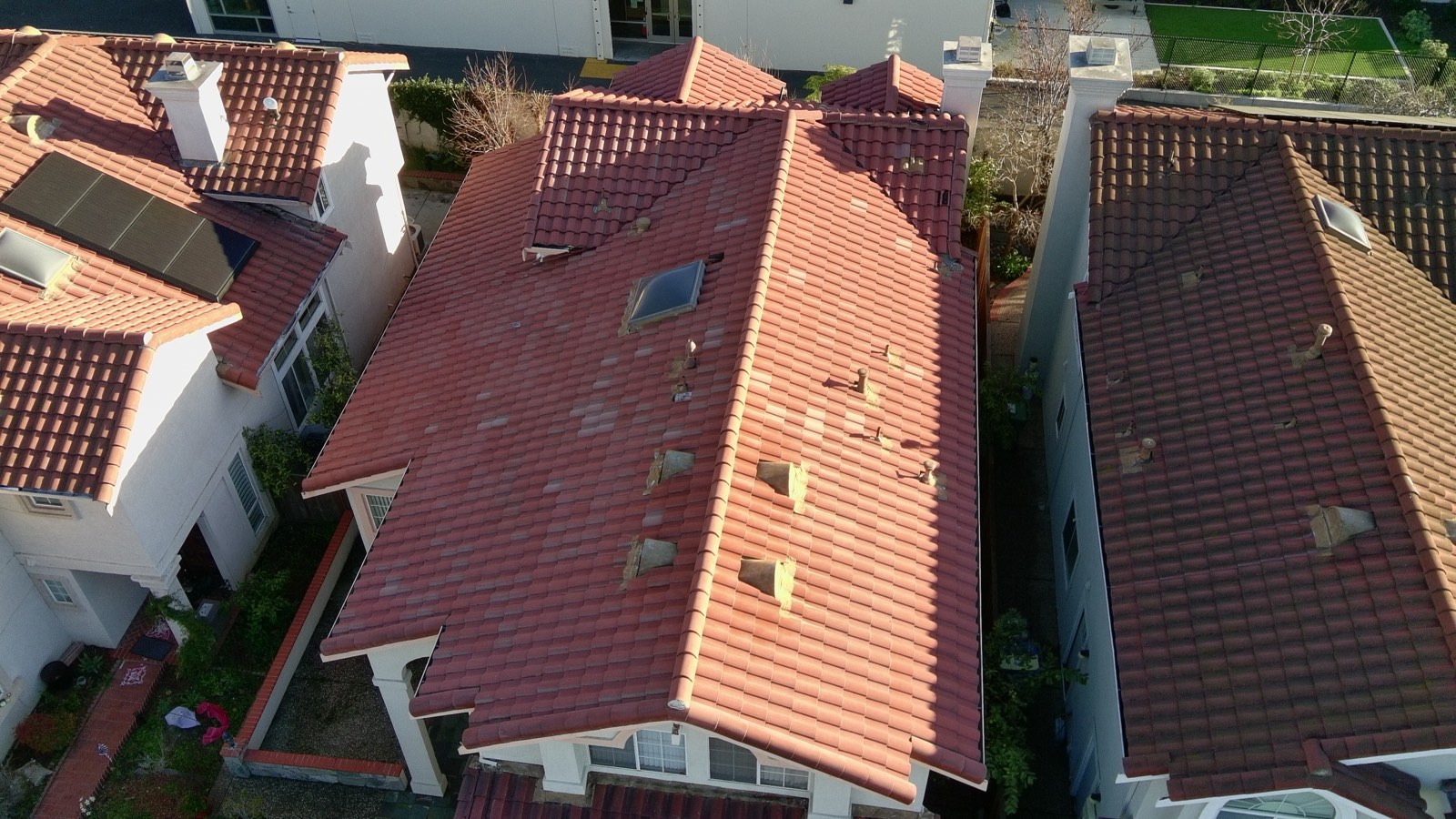 After — Milpitas townhouse S-tile roof cleaned, algae and moss removed