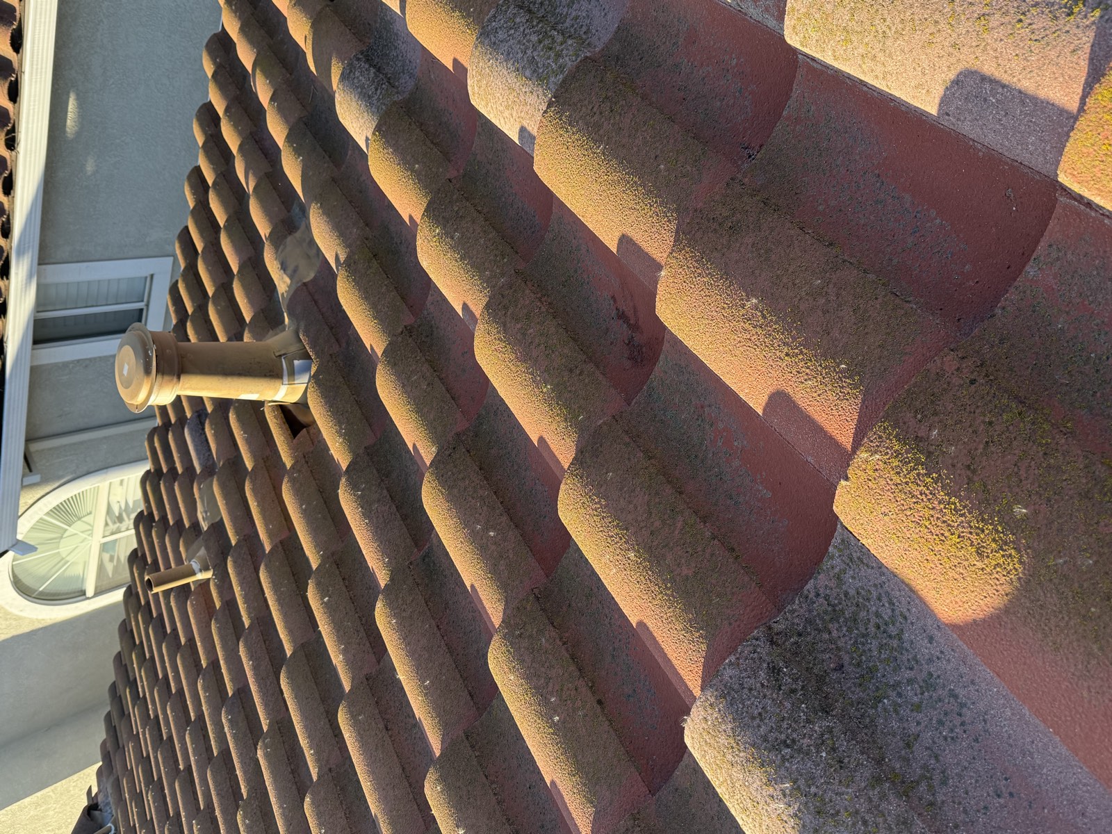 Before — Milpitas townhouse S-tile roof with algae and moss buildup