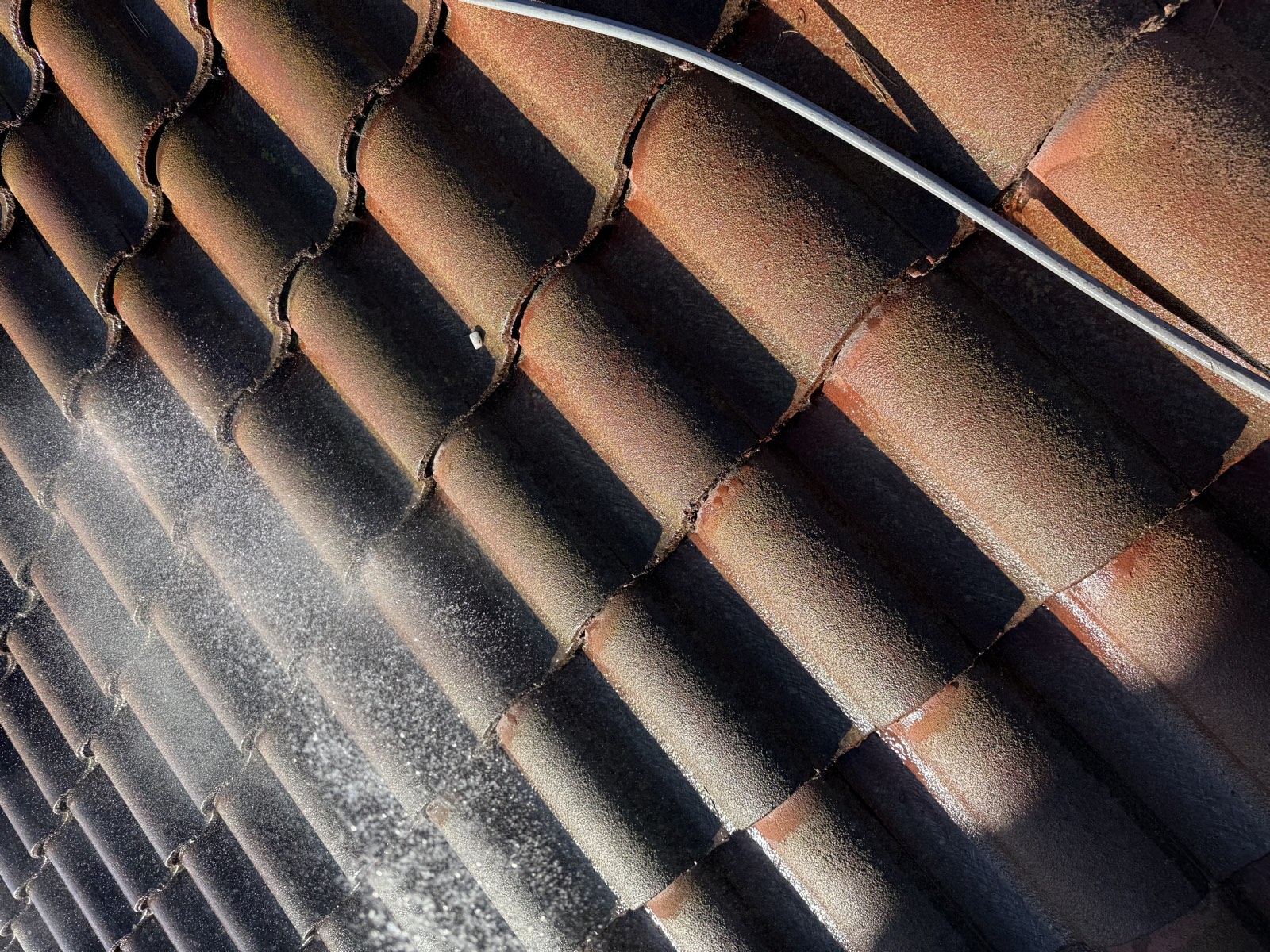 Before — Milpitas townhouse S-tile roof algae streaking close-up