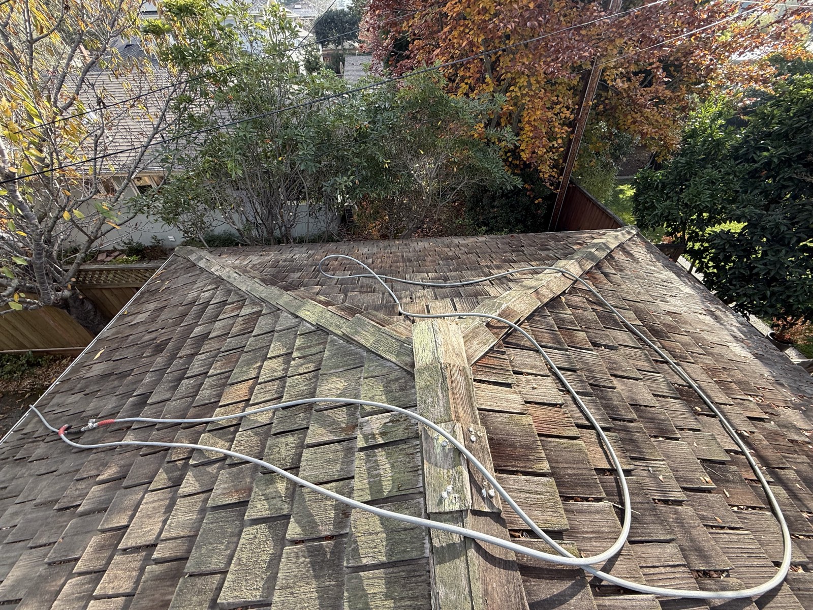 Before — Palo Alto garage shake roof detail with moss accumulation