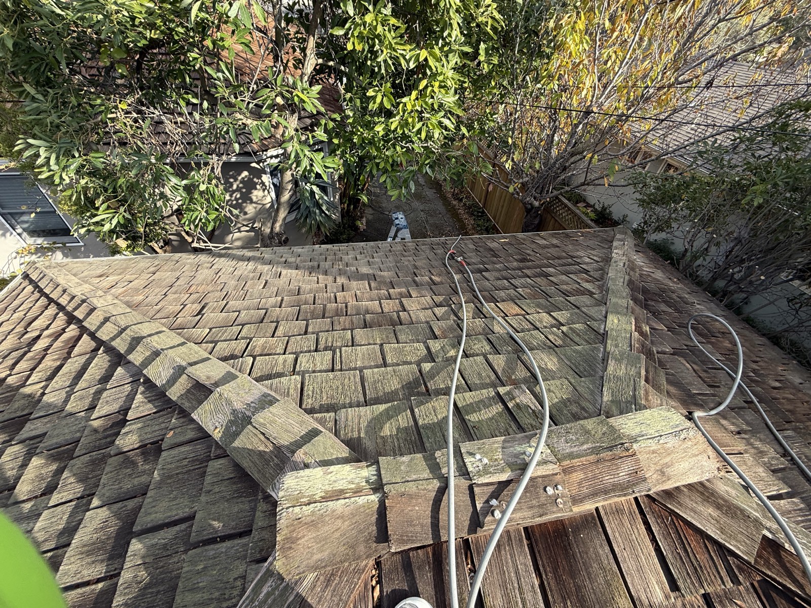 Before — Palo Alto garage cedar shake roof overview before soft wash