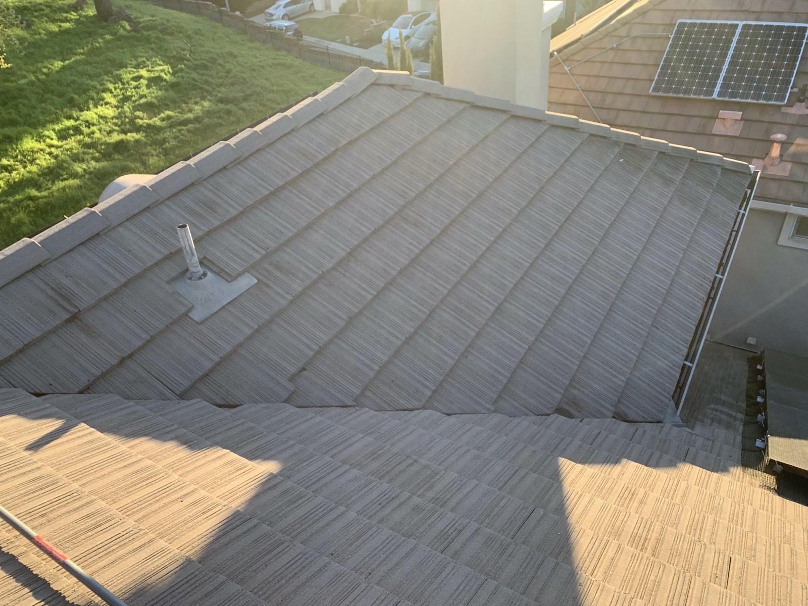After — San Jose flat concrete tile roof after soft wash, moss removed