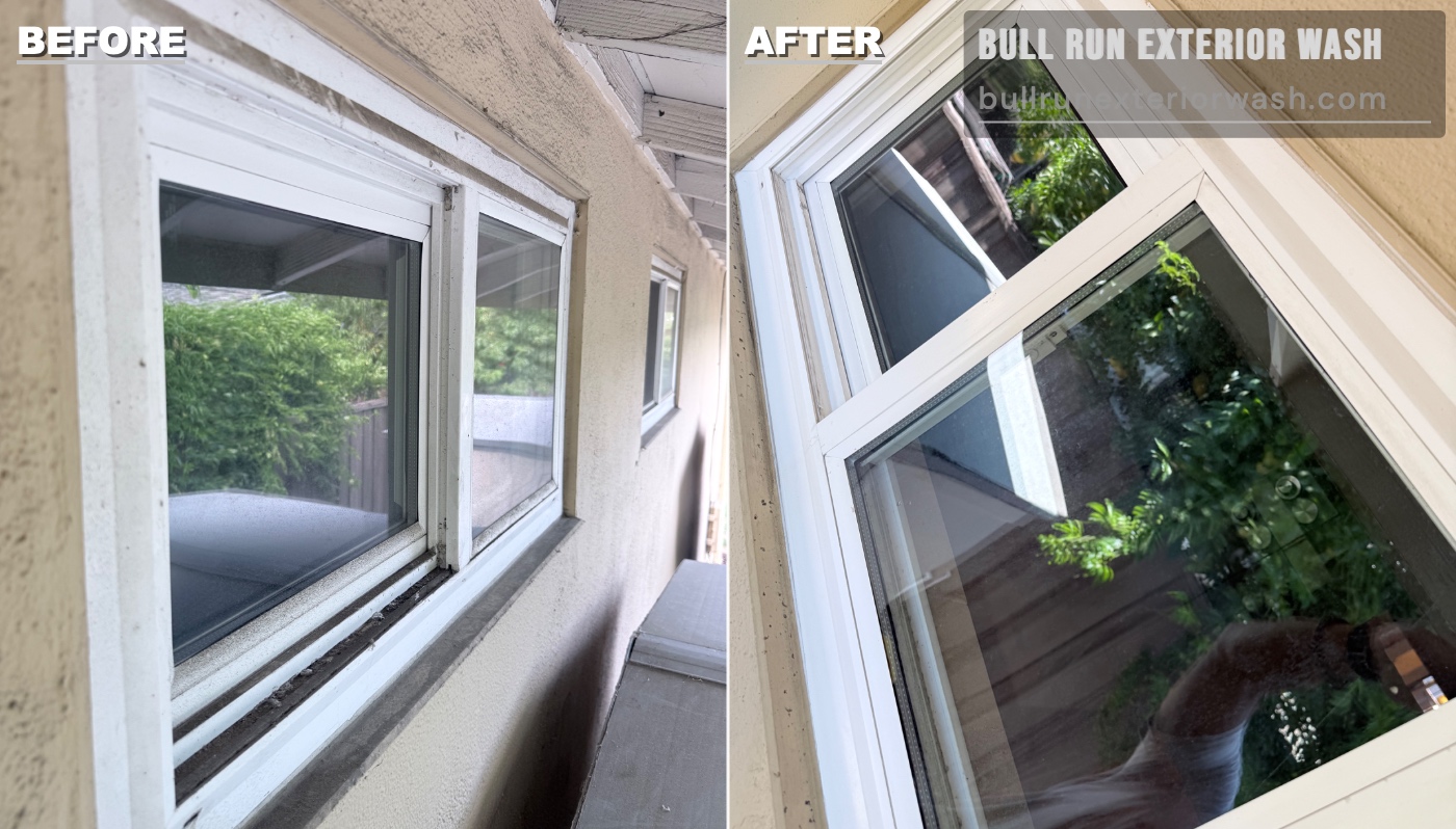 Before and after window washing in San Jose — grimy glass and dirt-caked sill on the left, spot-free slider panes with crisp reflections on the right
